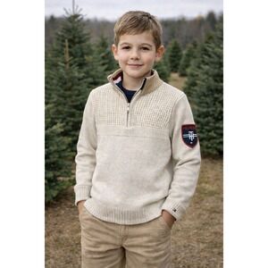 Tommy Hilfiger Boys Quarter Zip Knit Sweater Cream Mock Neck Patch 8/10